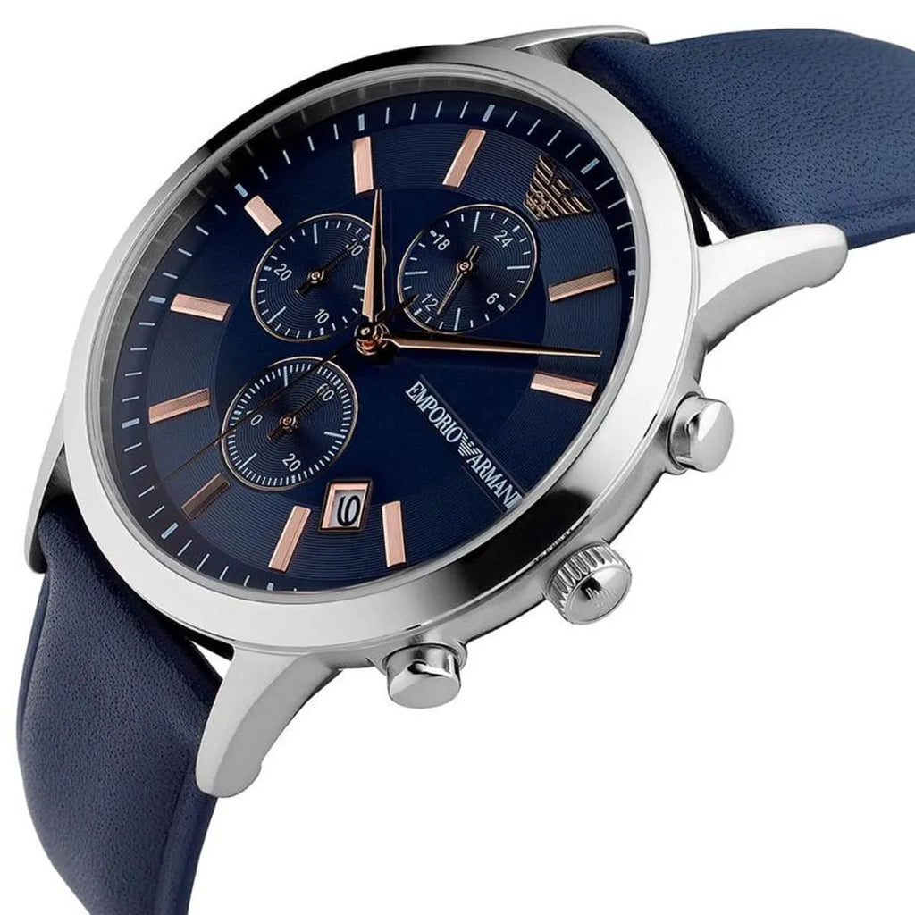Emporio Armani Renato Chronograph Blue Dial Black Leather Strap Watch For Men - AR11216 Buy Now By Emporio Armani