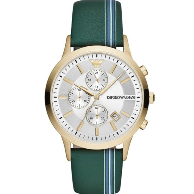 Emporio Armani Renato Chronograph Silver Dial Green Leather Strap Watch For Men - AR11233 Buy Now By Emporio Armani