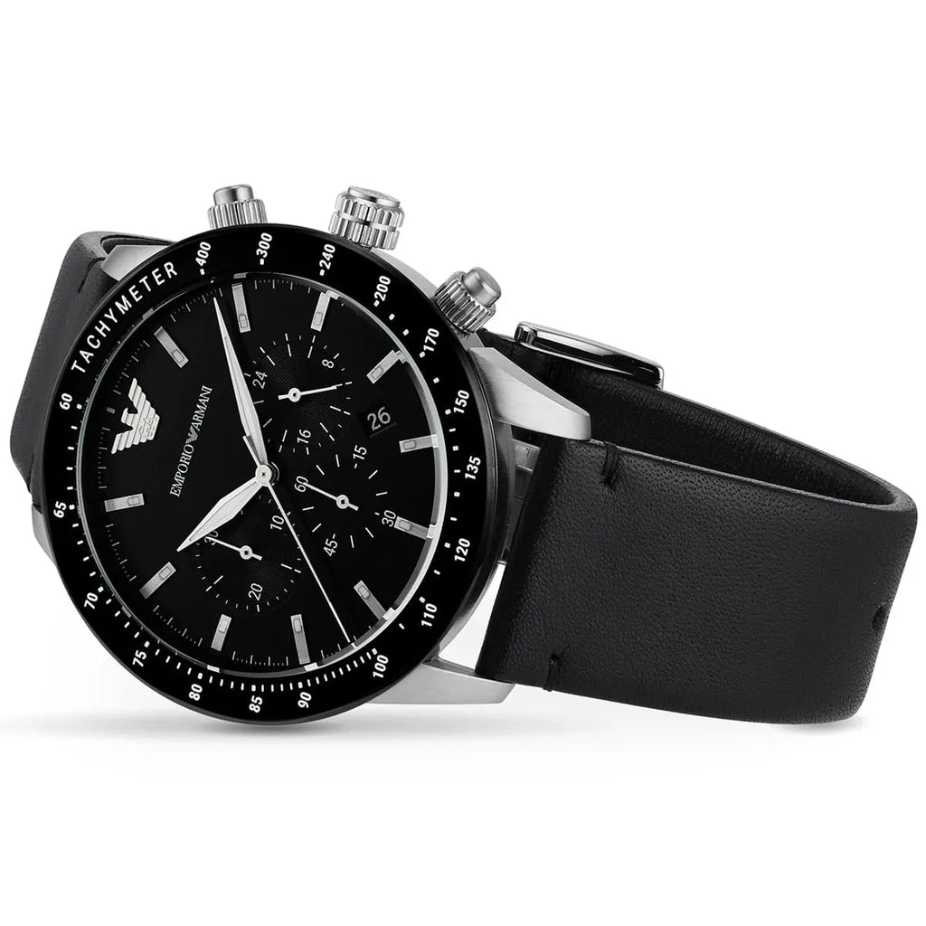 Emporio Armani Mario Chronograph Black Dial Black Leather Strap Watch For Men - AR11243 Buy Now By Emporio Armani