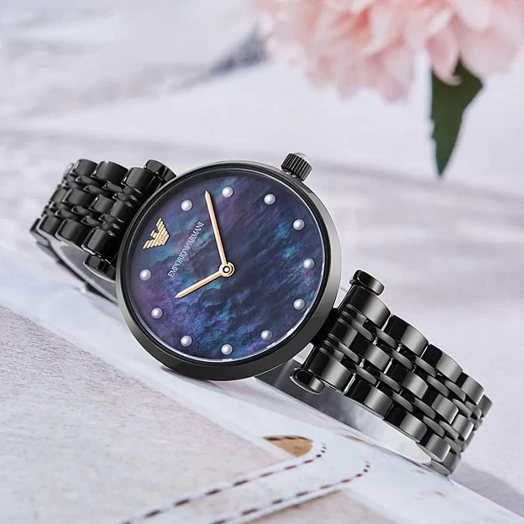 Emporio Armani Gianni T-Bar Quartz Black Mother of Pearl Dial Black Steel Strap Watch For Women - AR11268 Buy Now By Emporio Armani