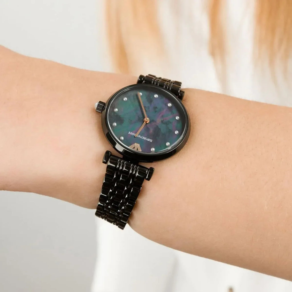 Emporio Armani Gianni T-Bar Quartz Black Mother of Pearl Dial Black Steel Strap Watch For Women - AR11268 Buy Now By Emporio Armani