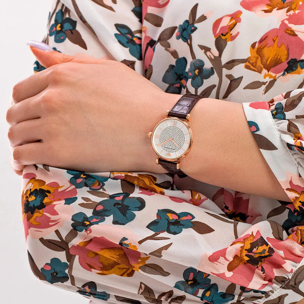 Emporio Armani Gianni T-Bar Silver Dial Brown Leather Strap Watch For Women - AR11269 Buy Now By Emporio Armani