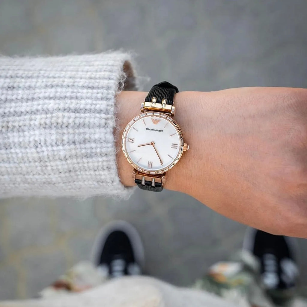 Emporio Armani Gianni T-Bar Mother of Pearl Dial Black Leather Strap Watch For Women - AR11295 Buy Now By Emporio Armani