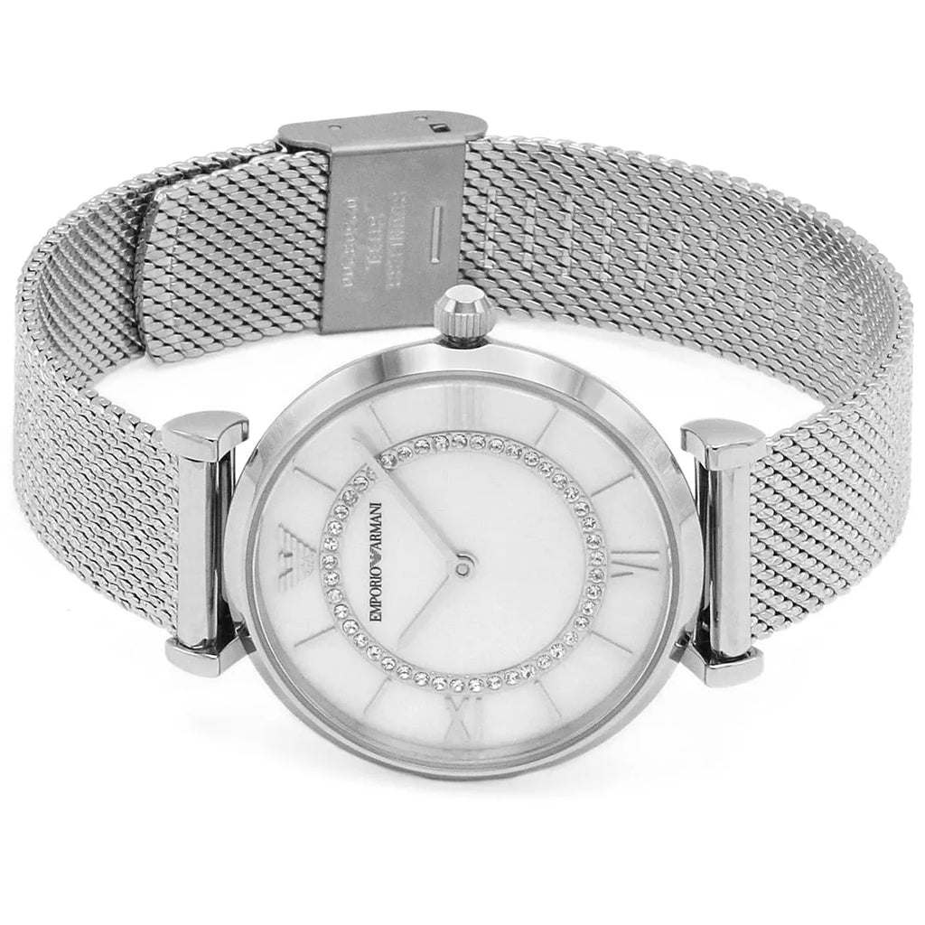 Emporio Armani Gianni T-Bar Quartz Mother of Pearl Dial Silver Mesh Bracelet Watch For Women - AR11319 Buy Now By Emporio Armani