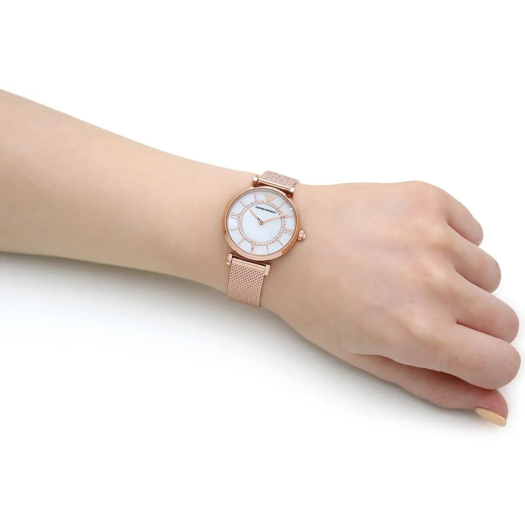 Emporio Armani Gianni T Bar Mother of Pearl Dial Rose Gold Mesh Bracelet Watch For Women - AR11320 Buy Now By Emporio Armani
