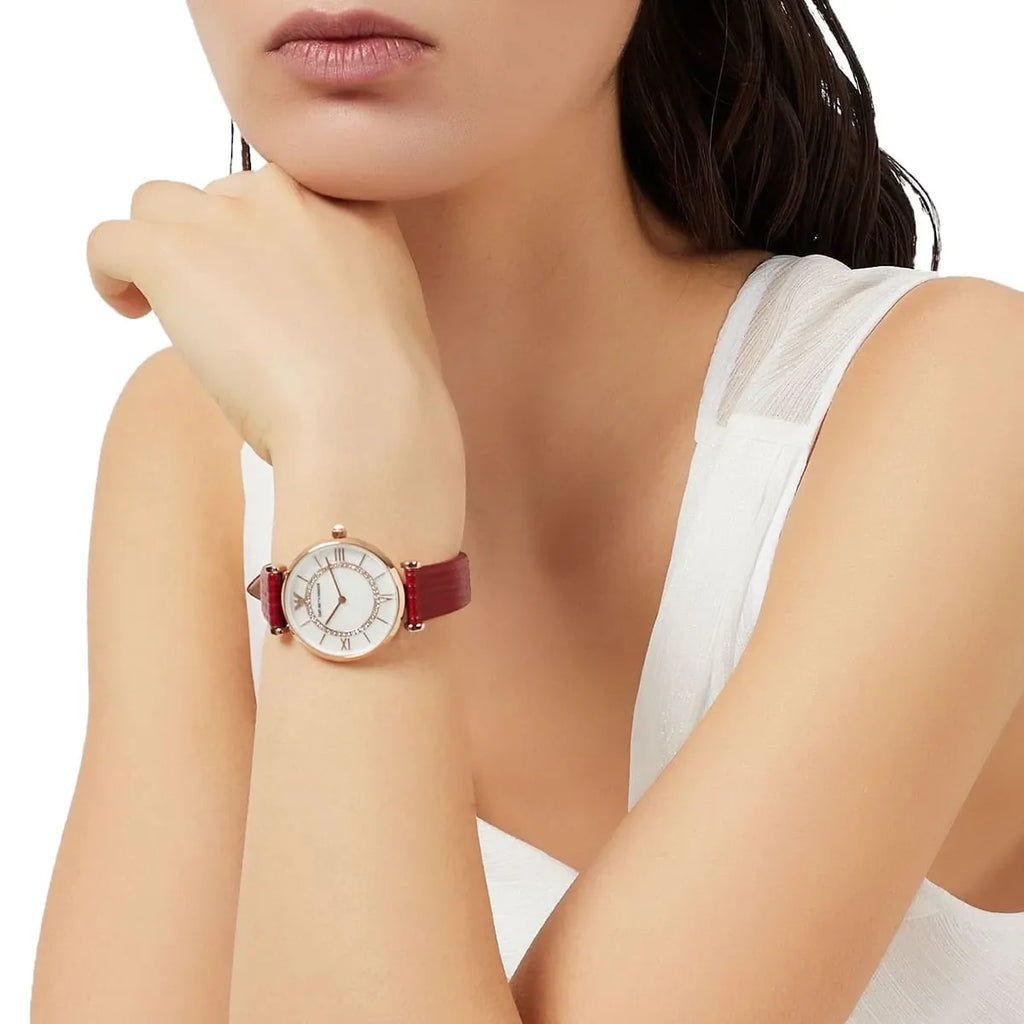 Emporio Armani Gianni T-Bar Analog Mother of Pearl Dial Red Leather Strap Watch For Women - AR11322 Buy Now By Emporio Armani