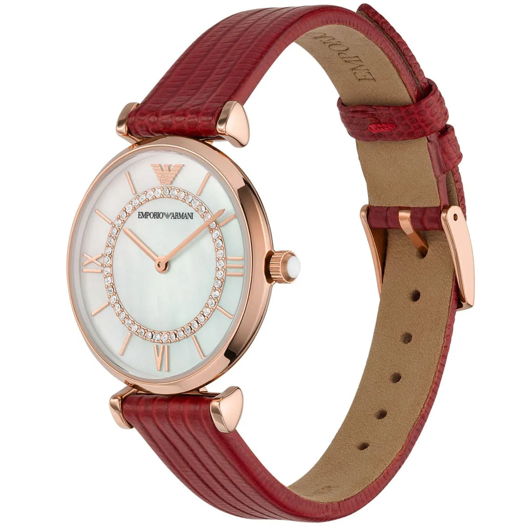 Emporio Armani Gianni T-Bar Analog Mother of Pearl Dial Red Leather Strap Watch For Women - AR11322 Buy Now By Emporio Armani