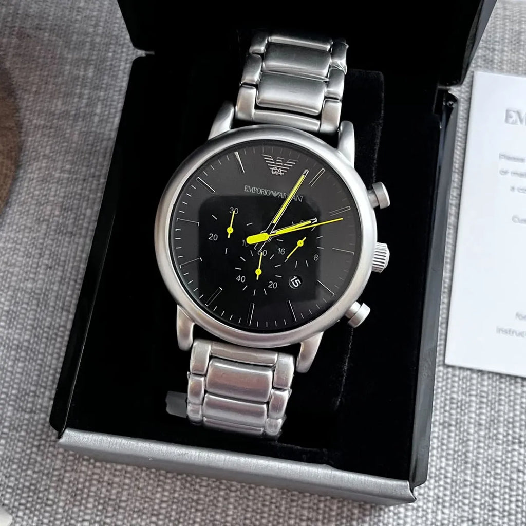 Emporio Armani Luigi Chronograph Black Dial Silver Steel Strap Watch For Men - AR11324 Buy Now By Emporio Armani