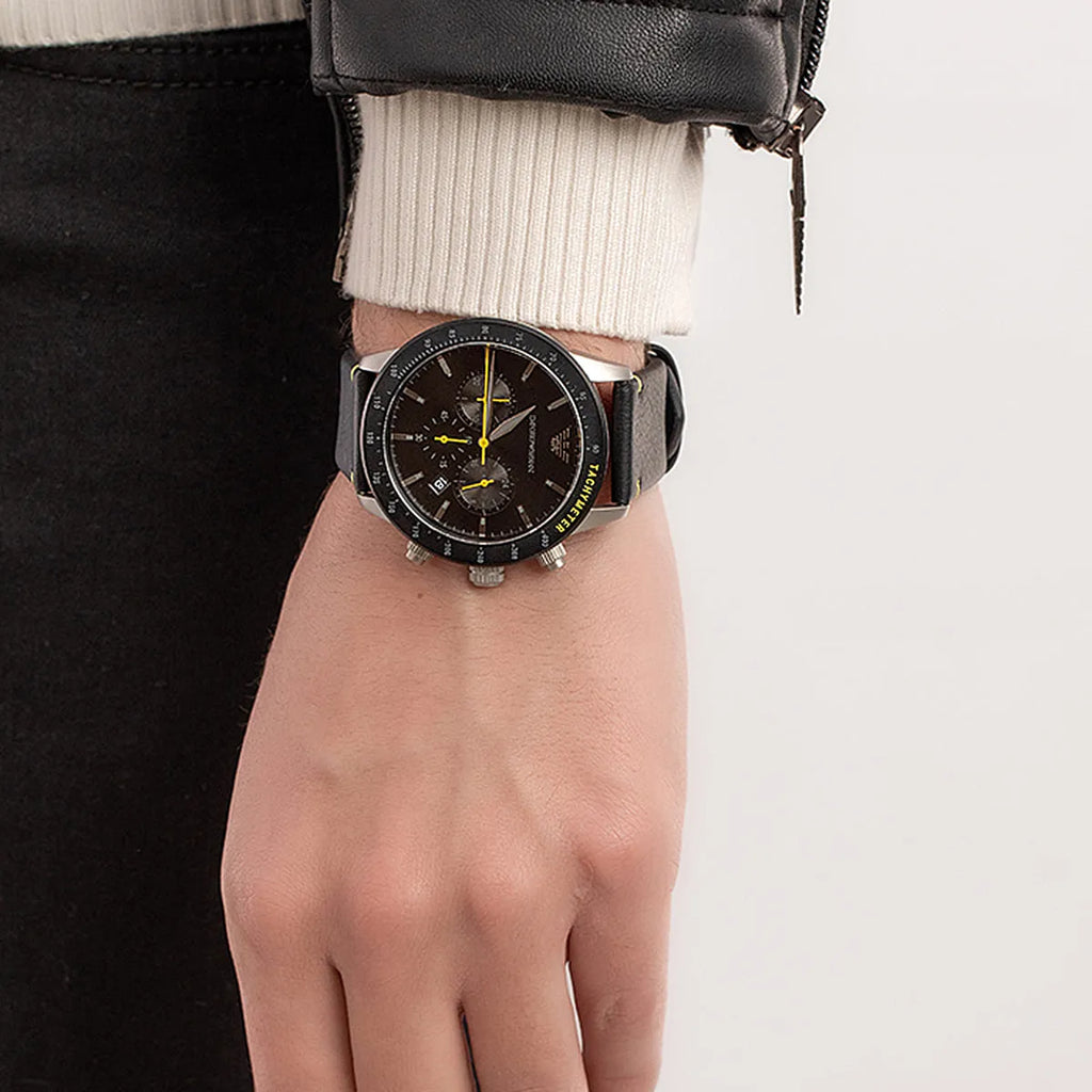 Emporio Armani Mario Chronograph Black Dial Black Leather Strap Watch For Men - AR11325 Buy Now By Emporio Armani