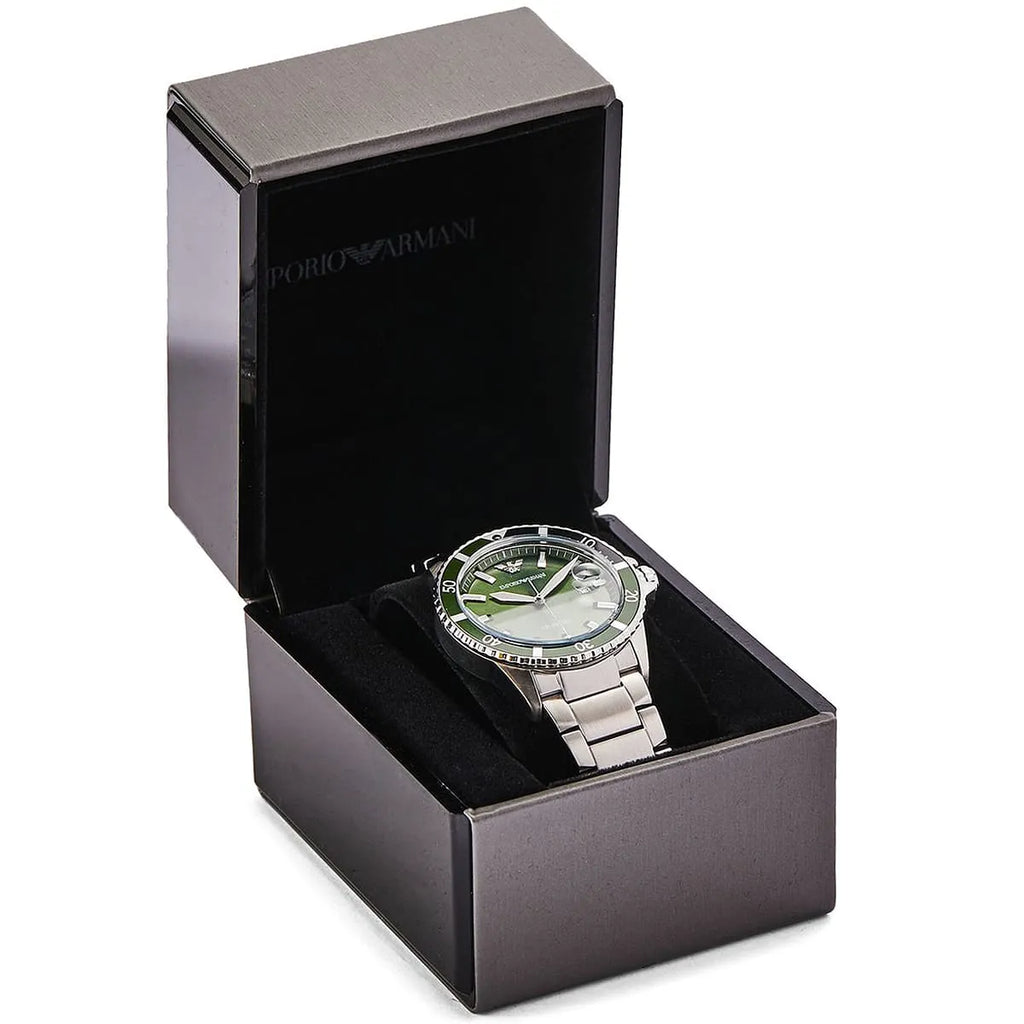 Emporio Armani Three Hand Green Dial Silver Steel Strap Watch For Men - AR11338