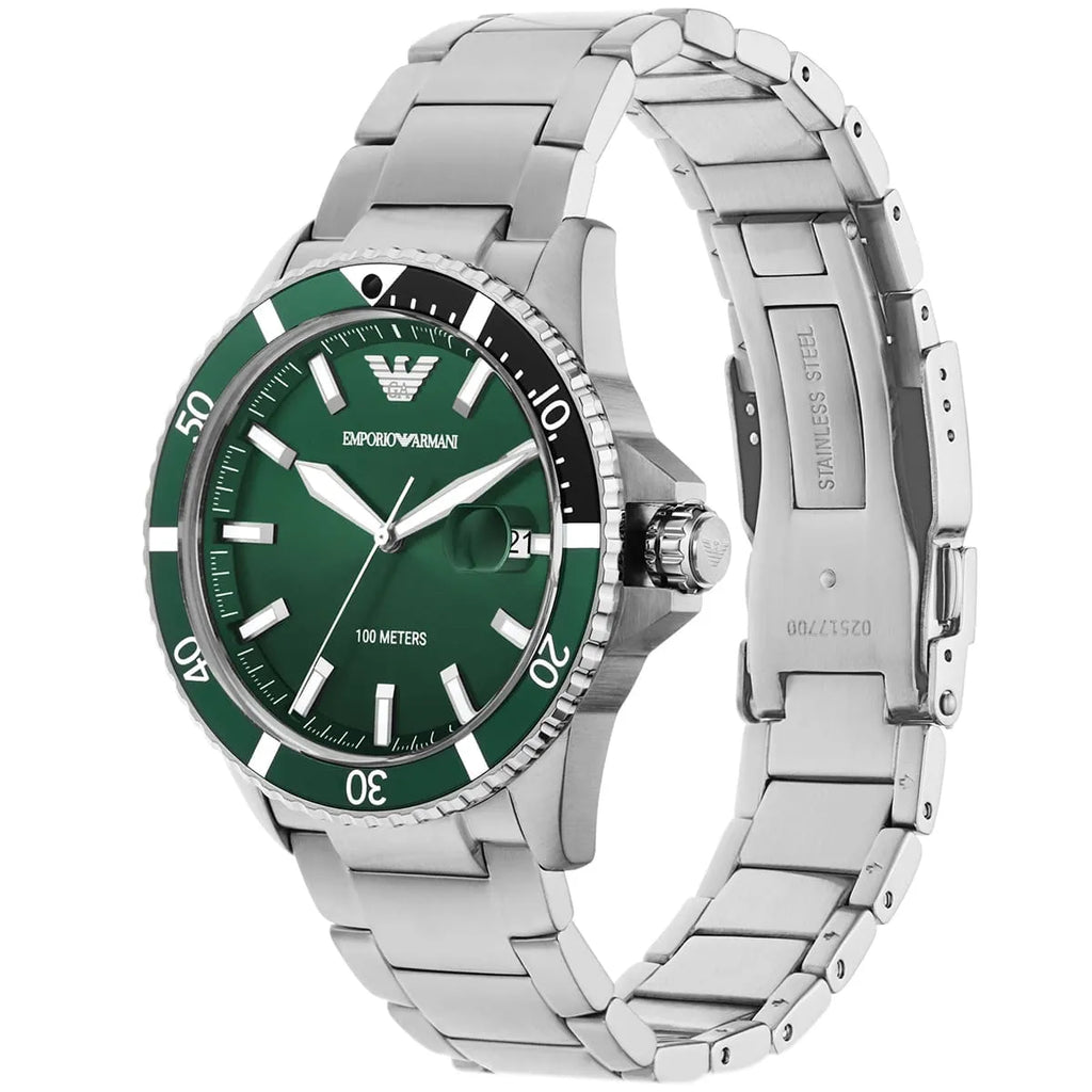 Emporio Armani Three Hand Green Dial Silver Steel Strap Watch For Men - AR11338 Buy Now By Emporio Armani
