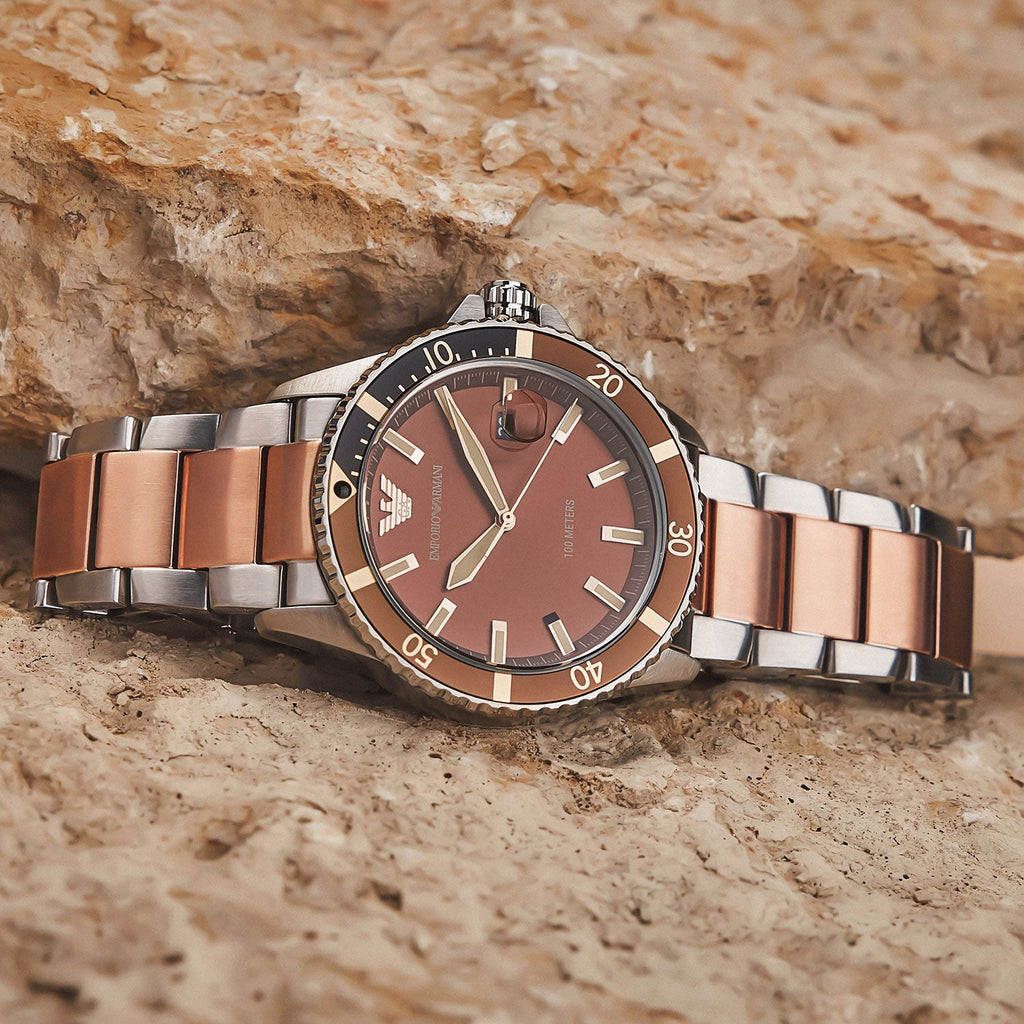 Emporio Armani Diver Quartz Brown Dial Two Tone Steel Strap Watch For Men - AR11340 Buy Now By Emporio Armani