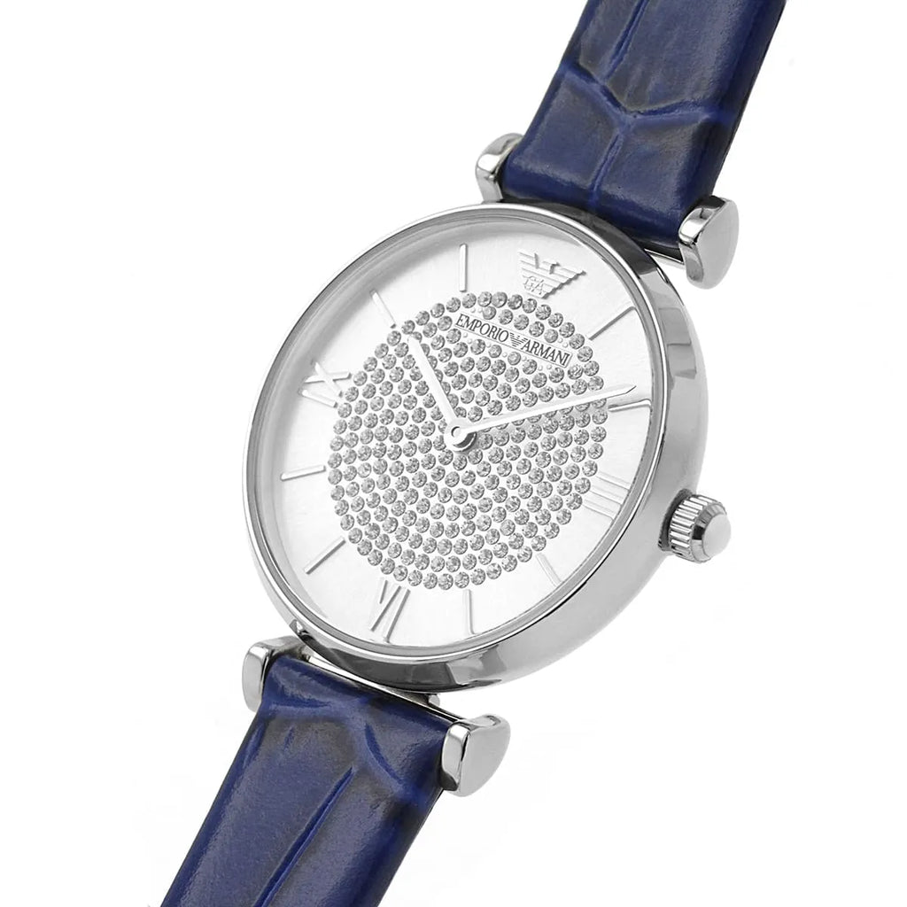 Emporio Armani Gianni T Bar Quartz Crystals Silver Dial Blue Leather Strap Watch For Women - AR11344 Buy Now By Emporio Armani