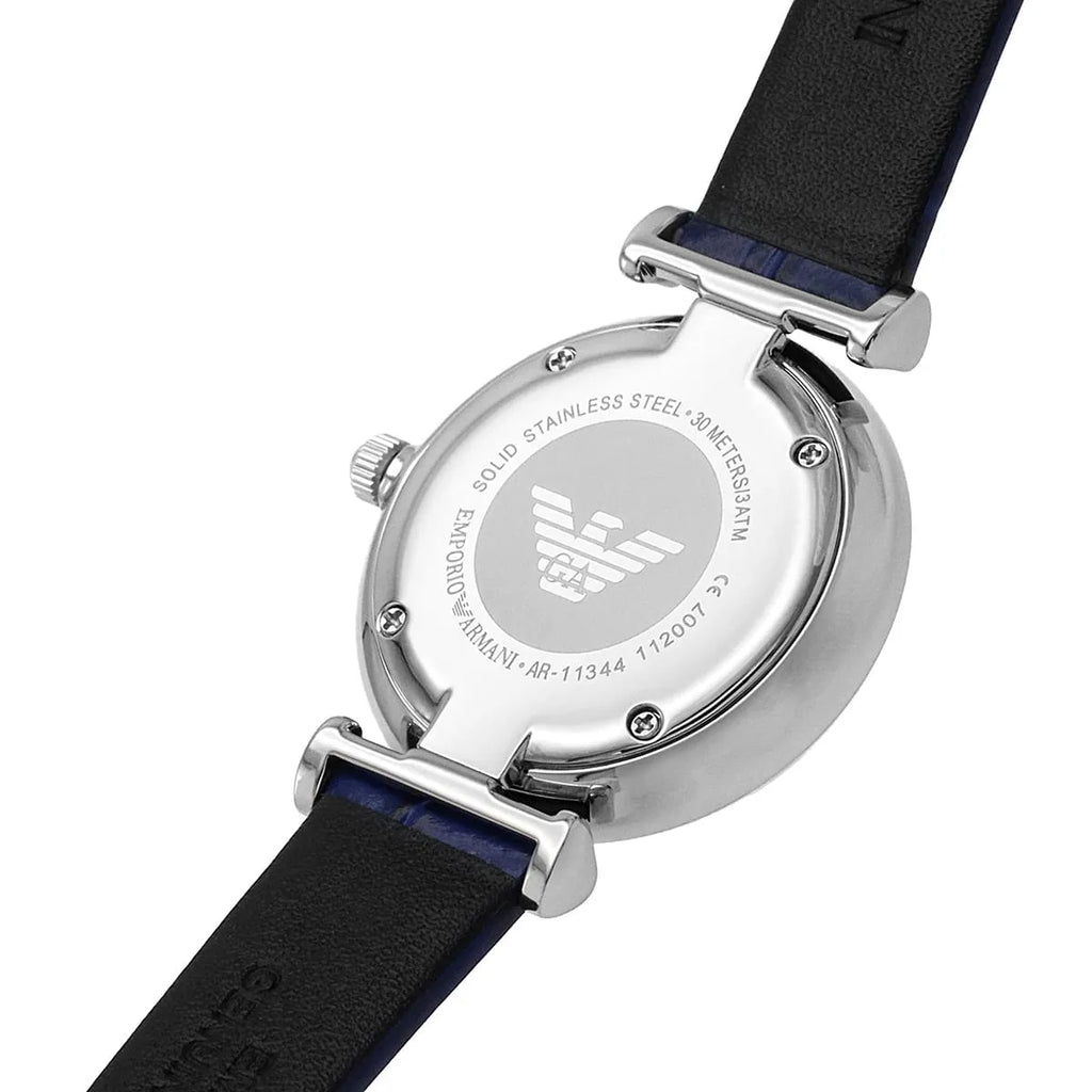 Emporio Armani Gianni T Bar Quartz Crystals Silver Dial Blue Leather Strap Watch For Women - AR11344 Buy Now By Emporio Armani