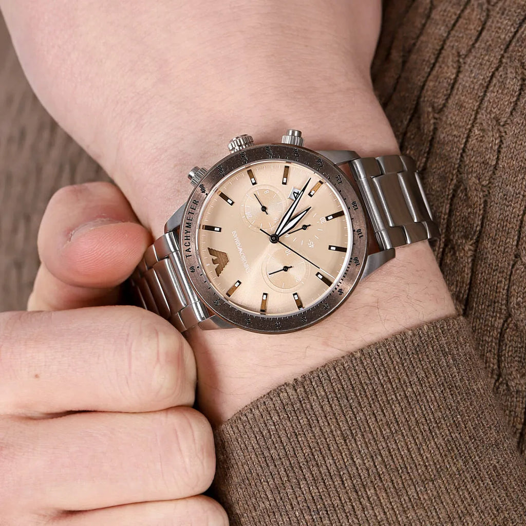 Emporio Armani Mario Chronograph Beige Dial Silver Steel Strap Watch For Men - AR11352 Buy Now By Emporio Armani