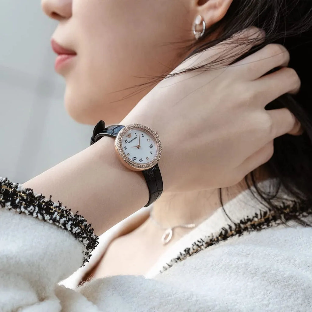 Emporio Armani Rosa Quartz Mother Of Pearl White Dial Black Leather Strap Watch For Women - AR11356 Buy Now By Emporio Armani