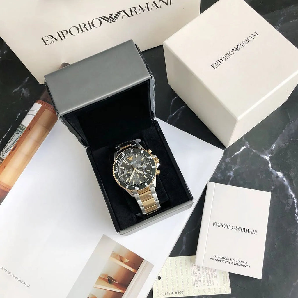 Emporio Armani Diver Chronograph Green Dial Two Tone Steel Strap Watch For Men - AR11361 Buy Now By Emporio Armani