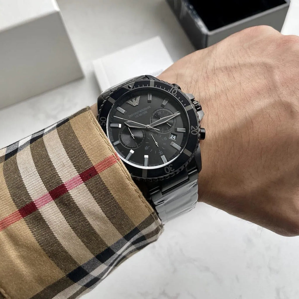 Emporio Armani Diver Chronograph Black Dial Black Steel Strap Watch For Men - AR11363 Buy Now By Emporio Armani