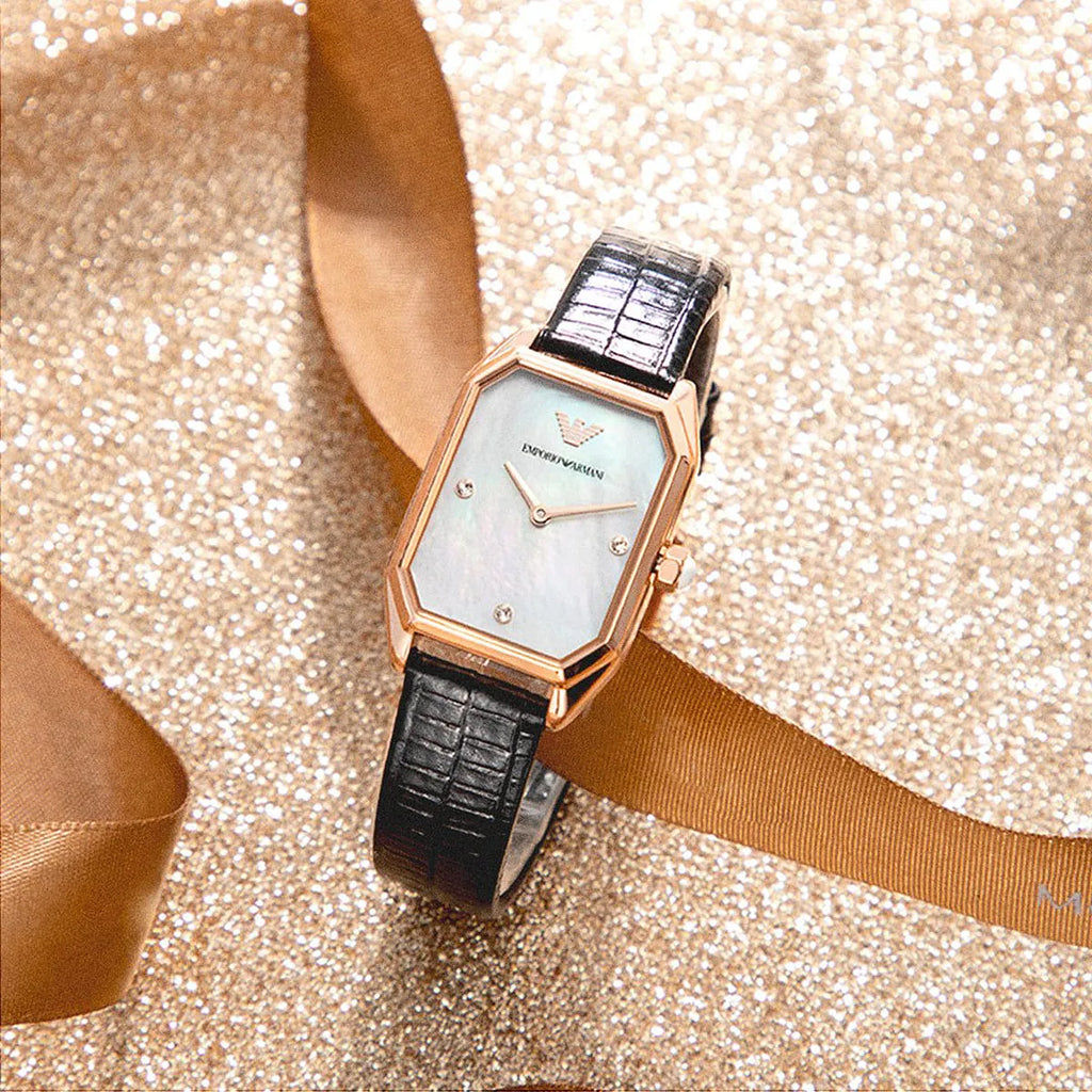Emporio Armani Gioia Quartz Mother of Pearl Dial Black Leather Strap Watch For Women - AR11390 Buy Now By Emporio Armani