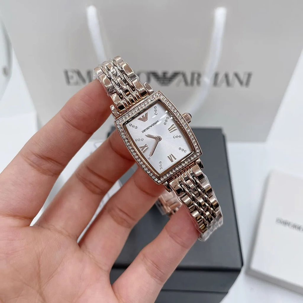 Emporio Armani Gianni T Bar Quartz Crystals White Dial Rose Gold Steel Strap Watch For Women - AR11406 Buy Now By Emporio Armani