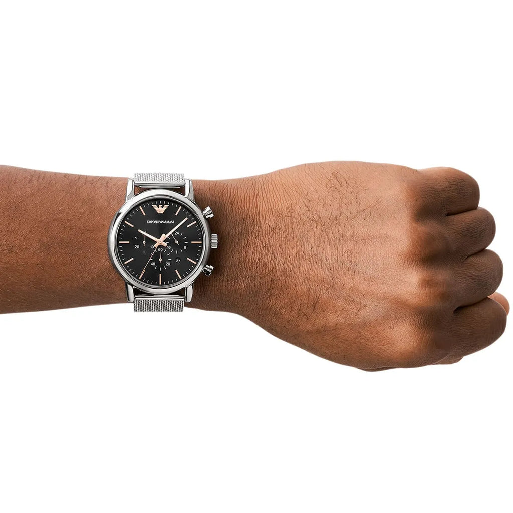 Emporio Armani Luigi Chronograph Quartz Black Dial Silver Mesh Bracelet Watch For Men - AR11429 Buy Now By Emporio Armani
