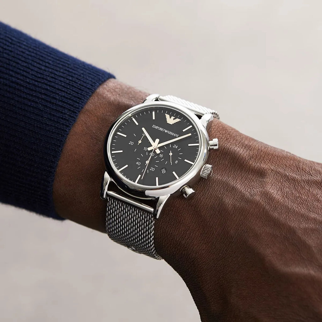 Emporio Armani Luigi Chronograph Quartz Black Dial Silver Mesh Bracelet Watch For Men - AR11429 Buy Now By Emporio Armani