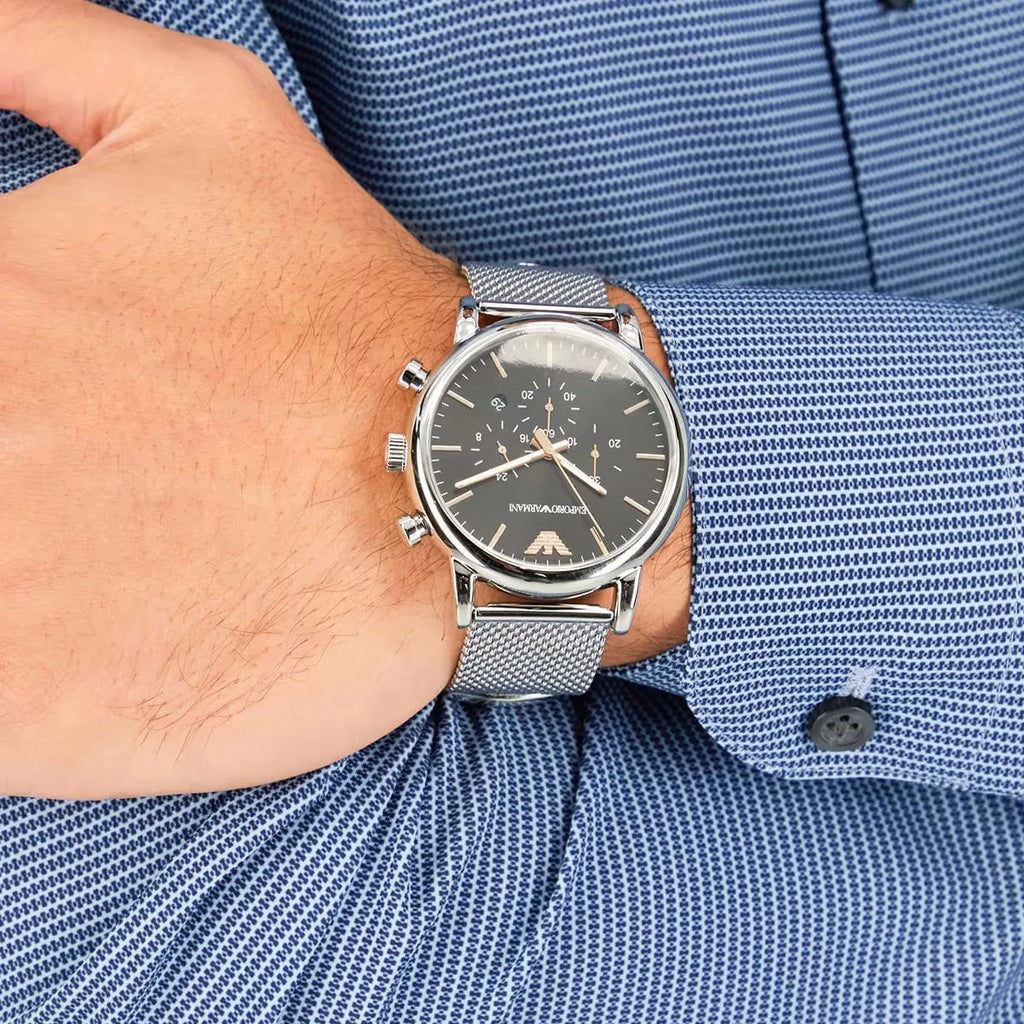 Emporio Armani Luigi Chronograph Quartz Black Dial Silver Mesh Bracelet Watch For Men - AR11429 Buy Now By Emporio Armani