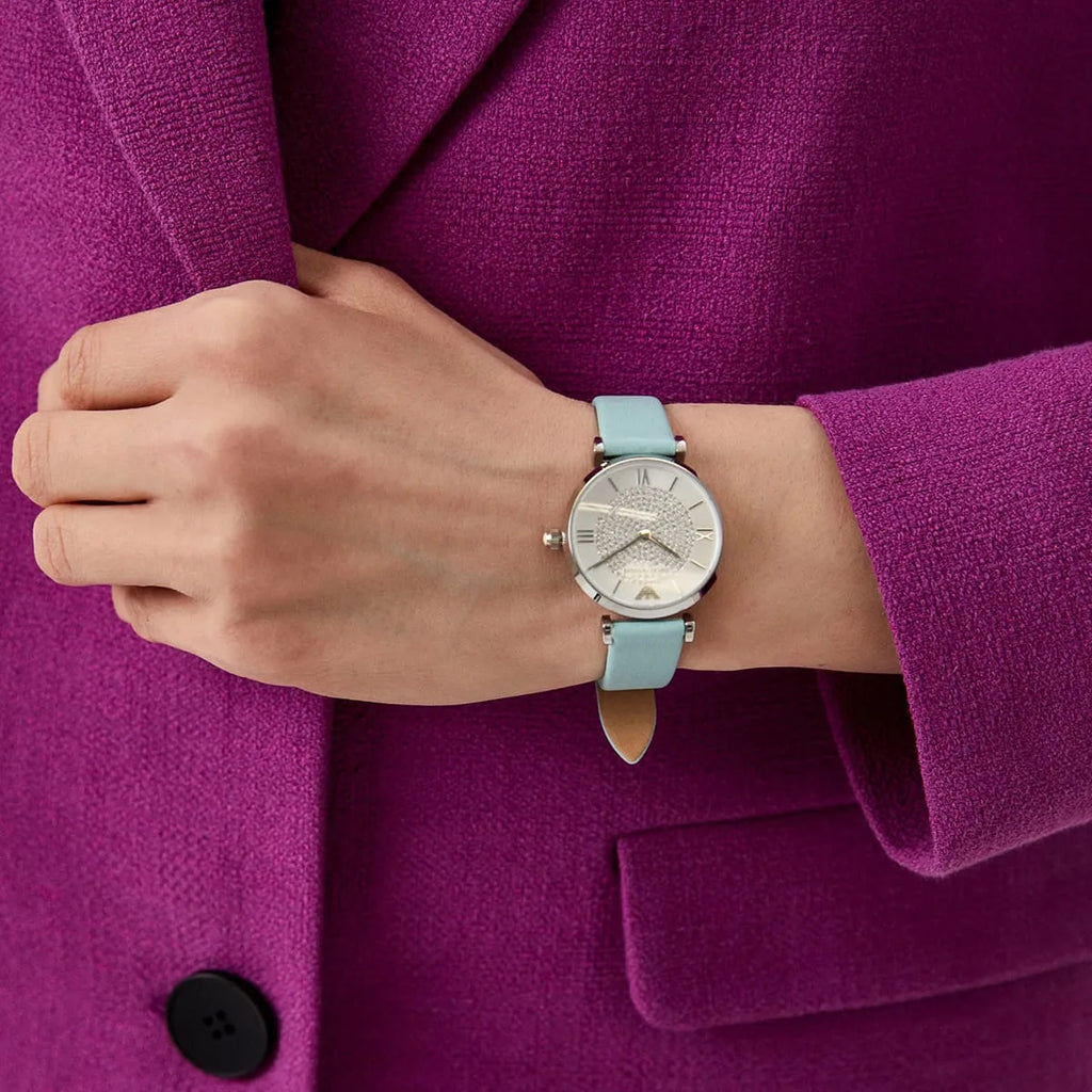 Emporio Armani Gianni T Bar Analog Crystals Silver Dial Blue Leather Strap Watch For Women - AR11443 Buy Now By Emporio Armani