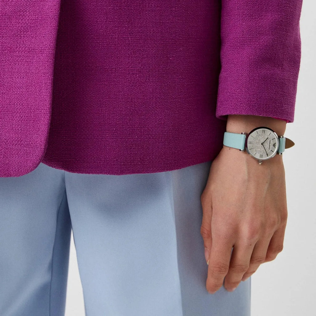 Emporio Armani Gianni T Bar Analog Crystals Silver Dial Blue Leather Strap Watch For Women - AR11443 Buy Now By Emporio Armani