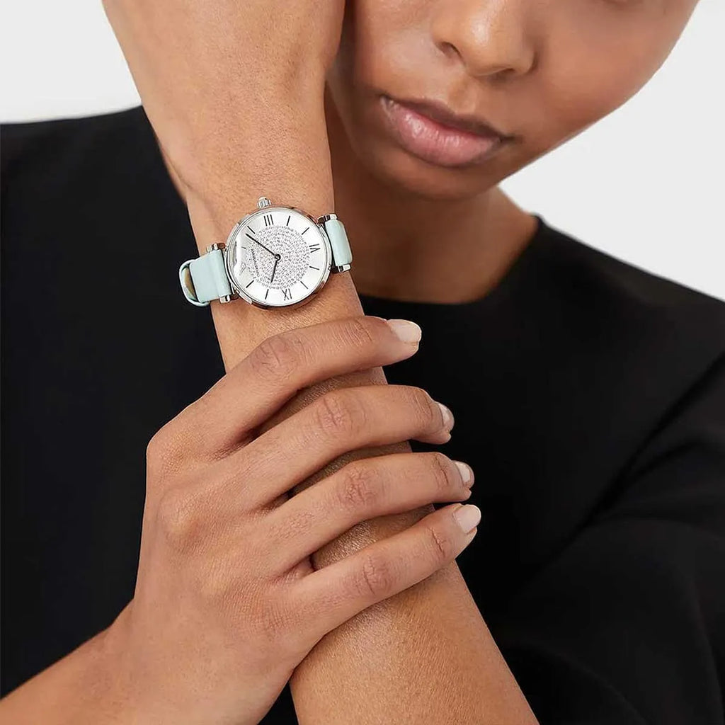 Emporio Armani Gianni T Bar Analog Crystals Silver Dial Blue Leather Strap Watch For Women - AR11443 Buy Now By Emporio Armani