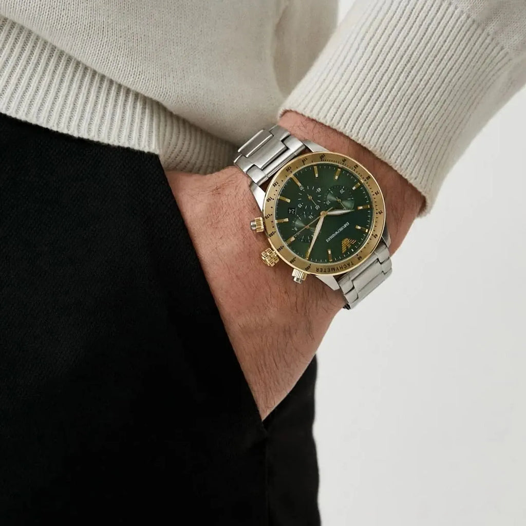 Emporio Armani Mario Chronograph Green Dial Silver Steel Strap Watch For Men - AR11454 Buy Now By Emporio Armani