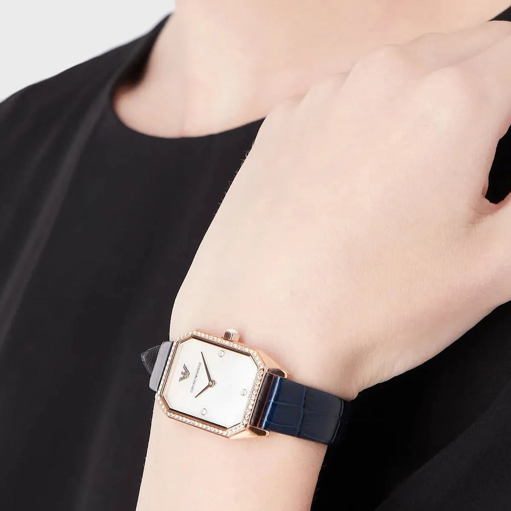 Emporio Armani Gianni T Bar Quartz Mother of Pearl Dial Blue Leather Strap Watch For Women - AR11466 Buy Now By Emporio Armani