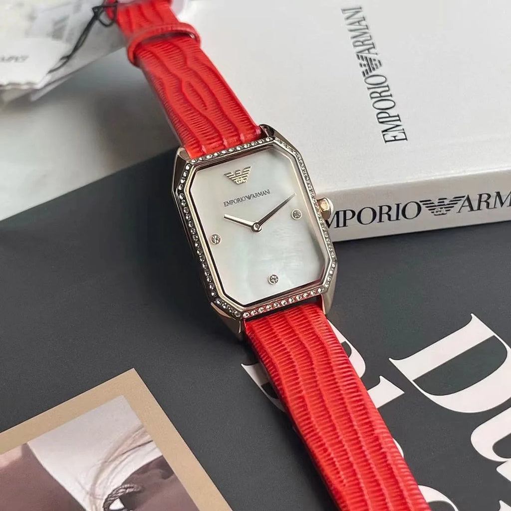 Emporio Armani Gianni T Bar Two-Hand Mother of Pearl Dial Red Leather Strap Watch For Women - AR11467 Buy Now By Emporio Armani