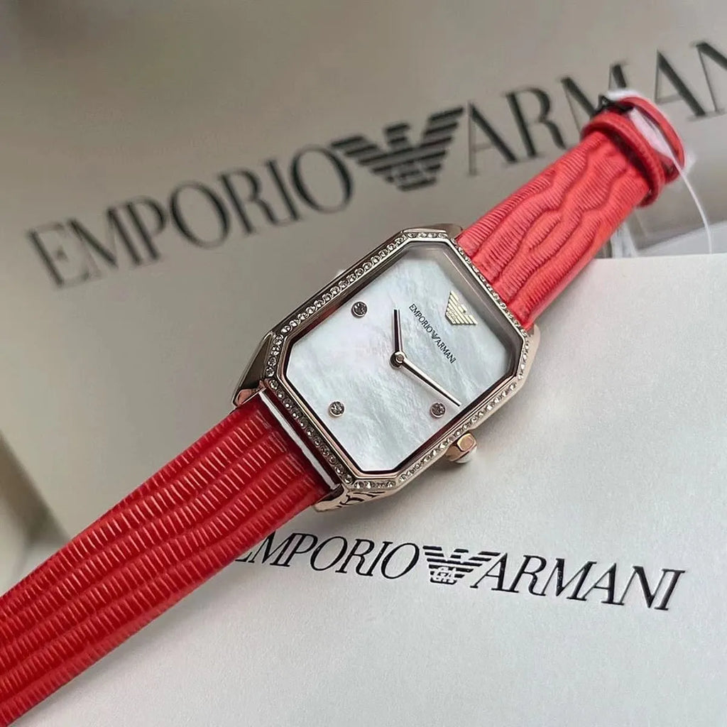 Emporio Armani Gianni T Bar Two-Hand Mother of Pearl Dial Red Leather Strap Watch For Women - AR11467 Buy Now By Emporio Armani