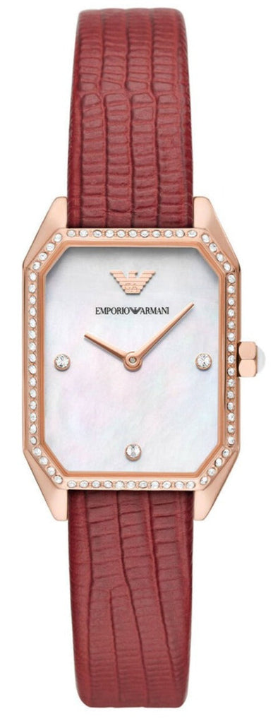 Emporio Armani Gianni T Bar Two-Hand Mother of Pearl Dial Red Leather Strap Watch For Women - AR11467 Buy Now By Emporio Armani