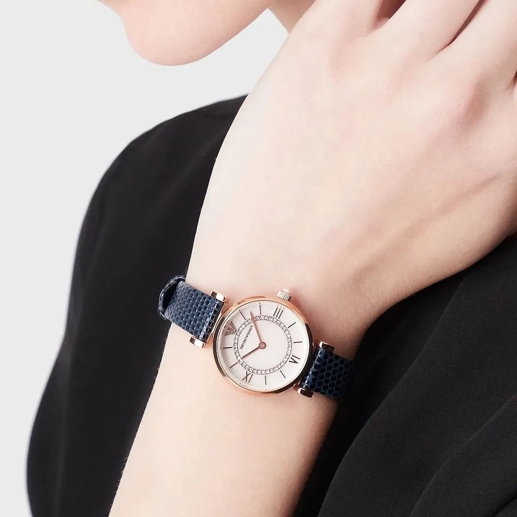 Emporio Armani Gianni T-Bar Analog Mother of Pearl Dial Blue Leather Strap Watch For Women - AR11468 Buy Now By Emporio Armani