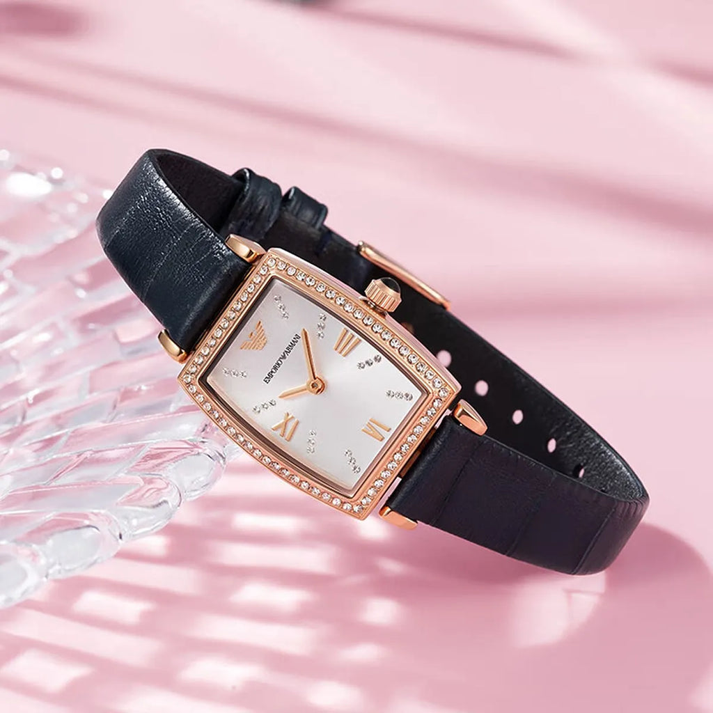 Emporio Armani Gianni T Bar Crystals Silver Dial Blue Leather Strap Watch For Women - AR11469 Buy Now By Emporio Armani