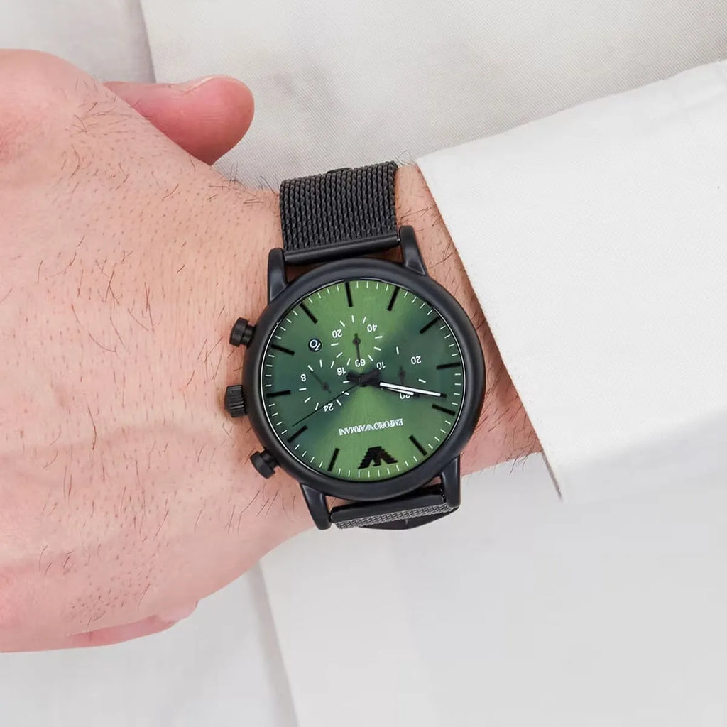Emporio Armani Luigi Chronograph Green Dial Black Mesh Bracelet Watch For Men - AR11470 Buy Now By Emporio Armani
