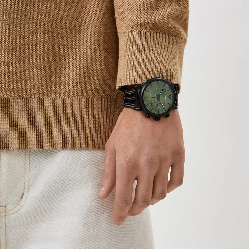 Emporio Armani Luigi Chronograph Green Dial Black Mesh Bracelet Watch For Men - AR11470 Buy Now By Emporio Armani