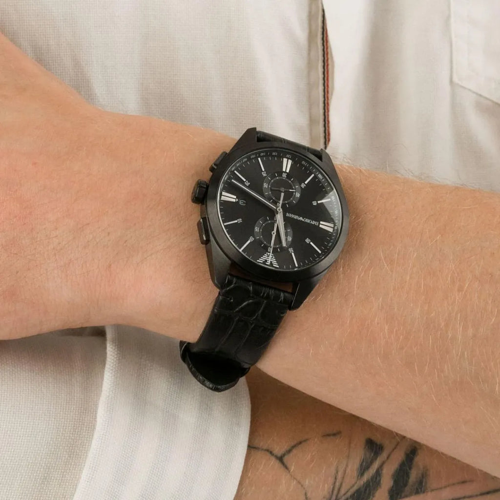 Emporio Armani Claudio Chronograph Black Dial Black Leather Strap Watch For Men - AR11483 Buy Now By Emporio Armani