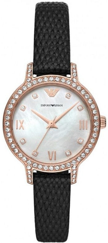 Emporio Armani Cleo Three-Hand Mother of Pearl Dial Black Leather Strap Watch For Women - AR11485 Buy Now By Emporio Armani