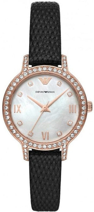 Emporio Armani Cleo Three-Hand Mother of Pearl Dial Black Leather Strap Watch For Women - AR11485 Buy Now By Emporio Armani