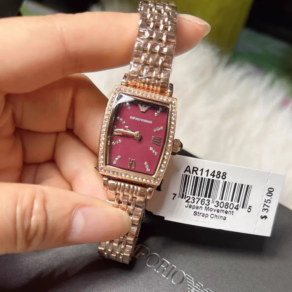 Emporio Armani Two Hand Diamonds Burgundy Dial Rose Gold Steel Strap Watch For Women - AR11488 Buy Now By Emporio Armani