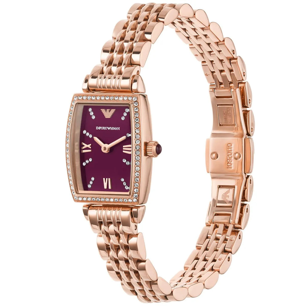 Emporio Armani Two Hand Diamonds Burgundy Dial Rose Gold Steel Strap Watch For Women - AR11488 Buy Now By Emporio Armani