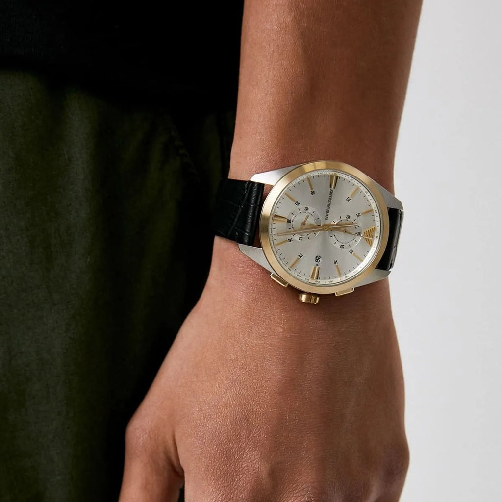Emporio Armani Claudio Chronograph Silver Dial Black Leather Strap Watch For Men - AR11498 Buy Now By Emporio Armani