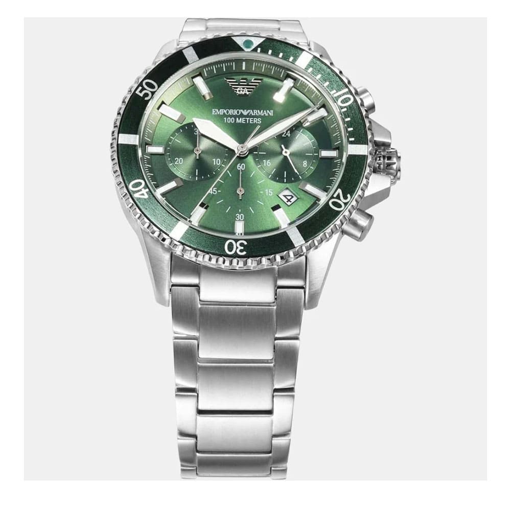 Emporio Armani Diver Chronograph Green Dial Silver Steel Strap Watch For Men - AR11500 Buy Now By Emporio Armani