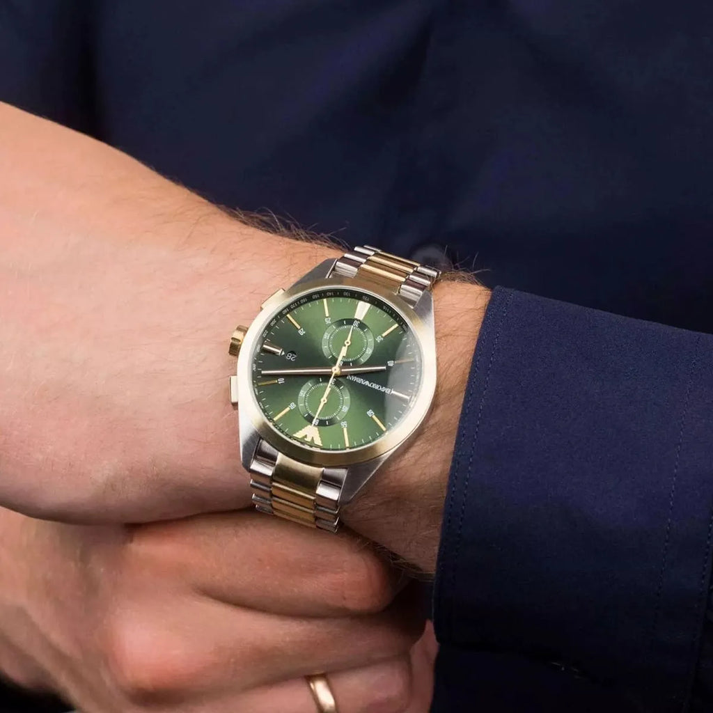 Emporio Armani Claudio Chronograph Green Dial Two Tone Steel Strap Watch For Women - AR11511 Buy Now By Emporio Armani
