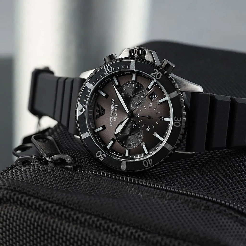 Emporio Armani Diver Chronograph Black Dial Black Silicon Strap Watch For Men - AR11515 Buy Now By Emporio Armani