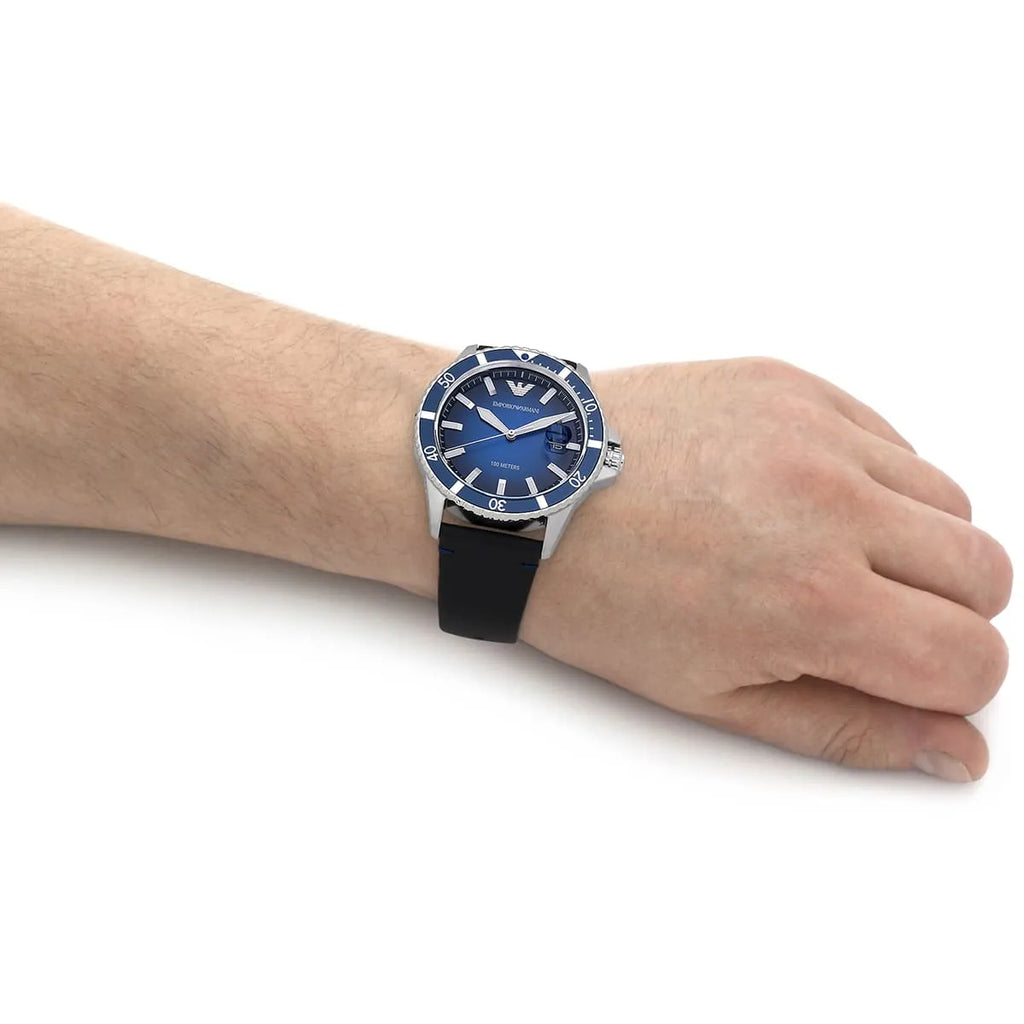 Emporio Armani Diver Three-Hand Quartz Blue Dial Blue Leather Strap Watch For Men - AR11516 Buy Now By Emporio Armani