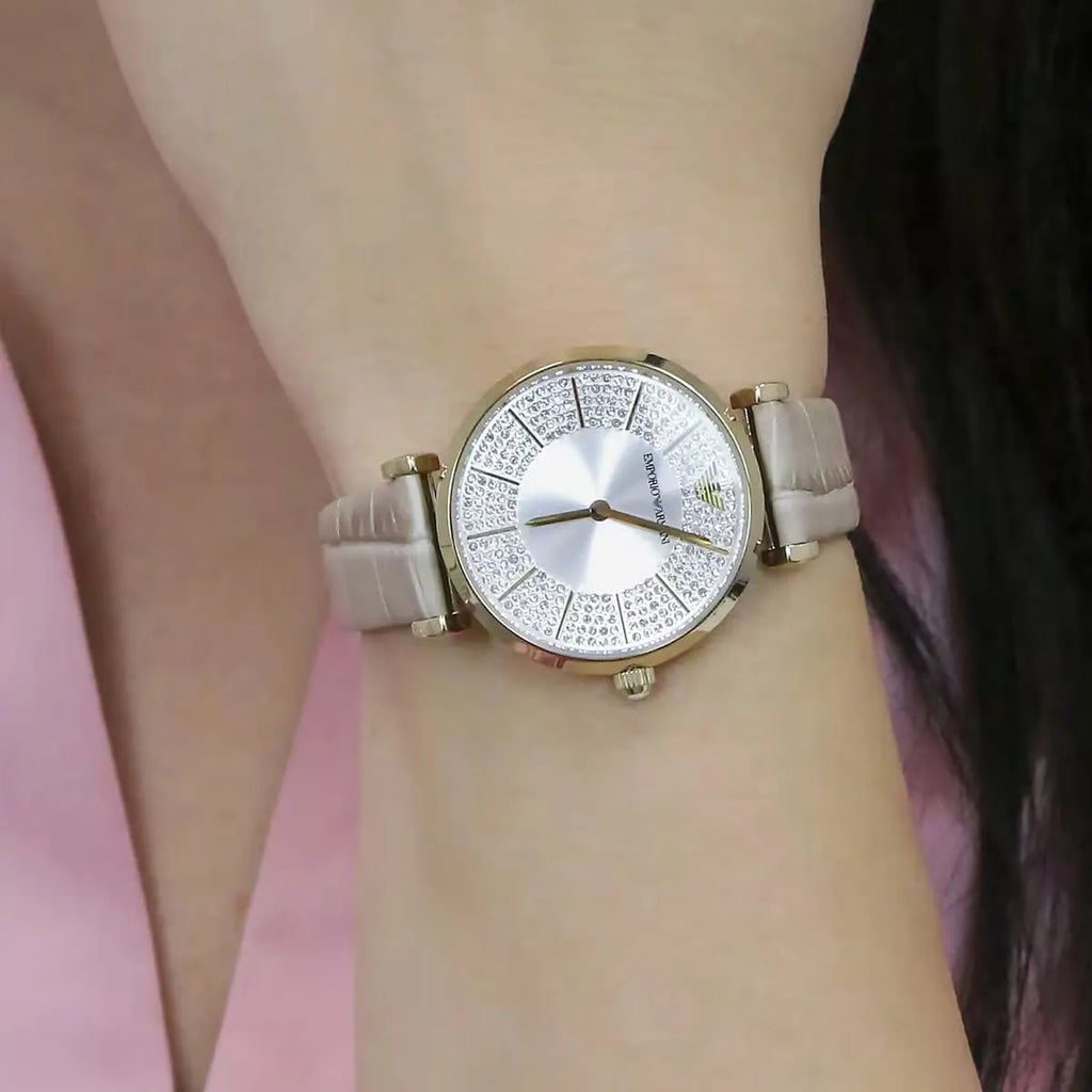 Emporio Armani Gianni T Bar Crystals Silver Dial Brown Leather Strap Watch For Women - AR11518 Buy Now By Emporio Armani